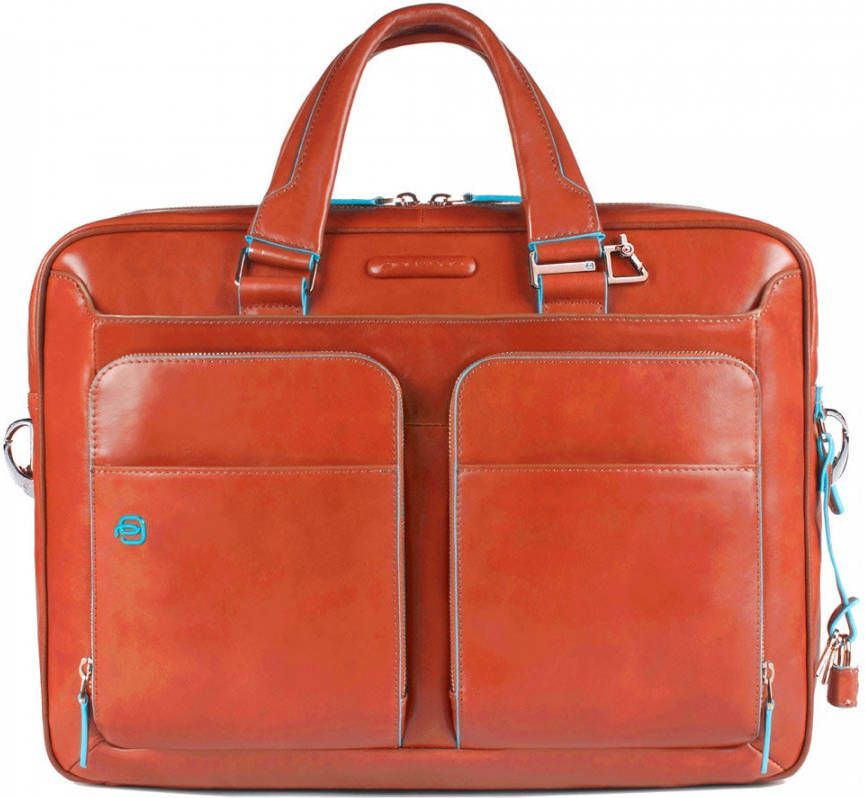 Piquadro Blue Square Portfolio Computer Briefcase 15" with iPad Cuoio Cognac Orange