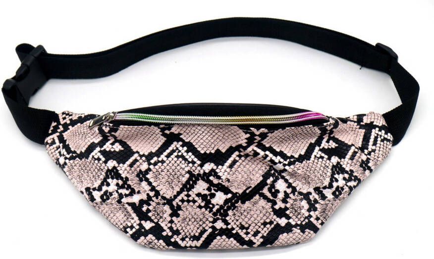 Merkloos Zwart/roze Slangenprint Heuptasje/buideltasje 32 Cm Heuptassen
