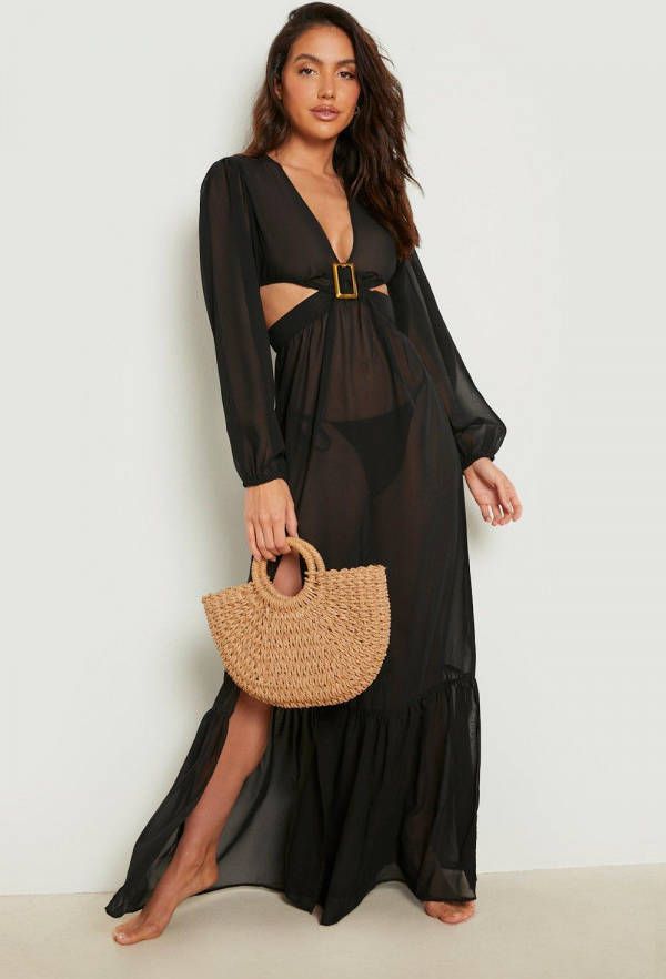 boohoo Chiffon Strand Jurk Met Ballonmouwen, Black
