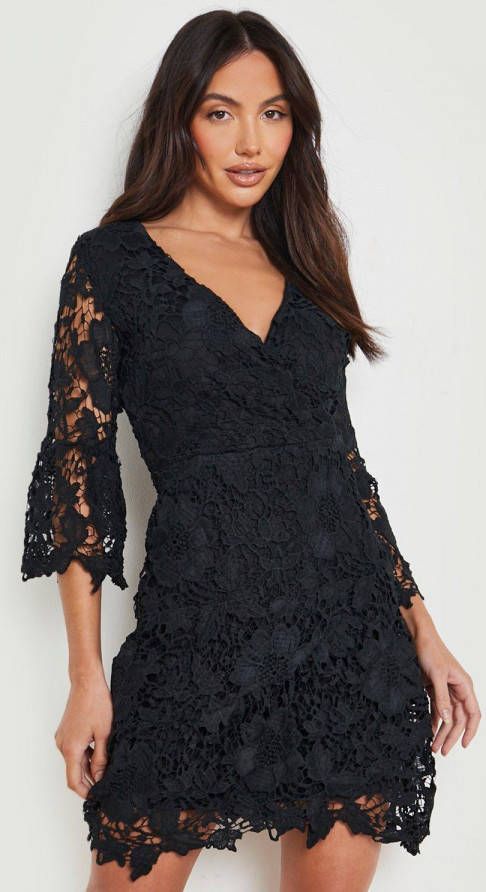boohoo Gehaakte Kanten Wikkel Jurk, Black