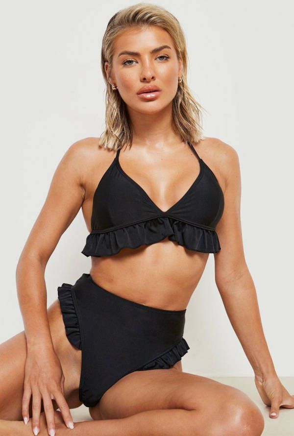 boohoo Driehoekige Halter Bikini Top Met Geplooide Zoom, Black