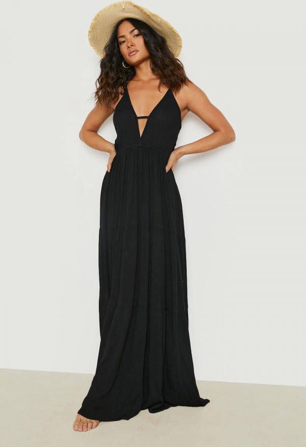 boohoo Duurzame Gekreukelde Maxi Strand Jurk Met Laag Decolleté,, Black