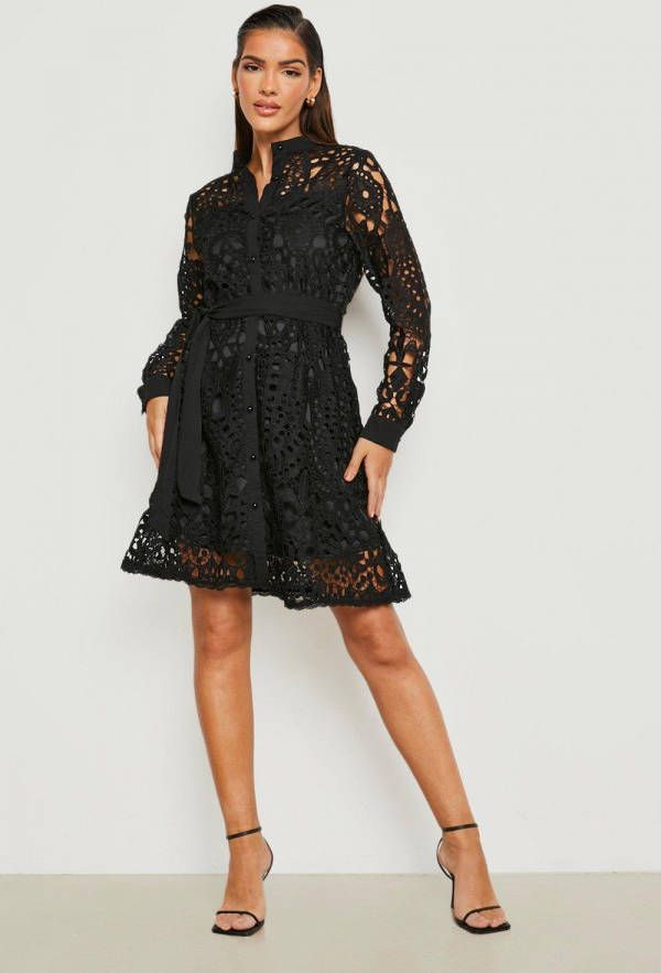 boohoo Gehaakte Jurk Met Ceintuur En Knopen, Black