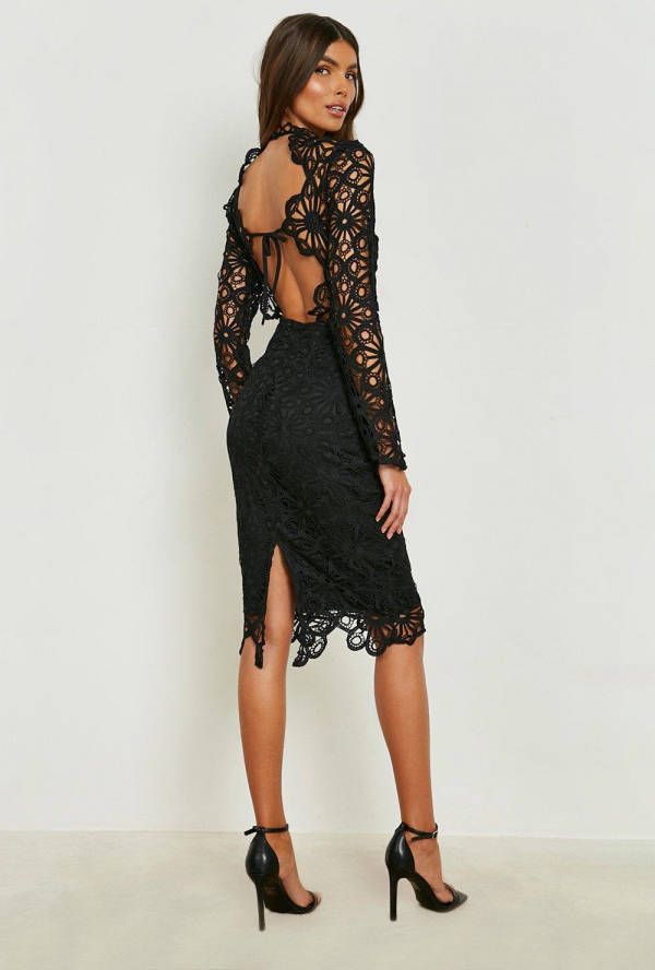 boohoo Gehaakte Kanten Midi Jurk Met Open Rug, Black
