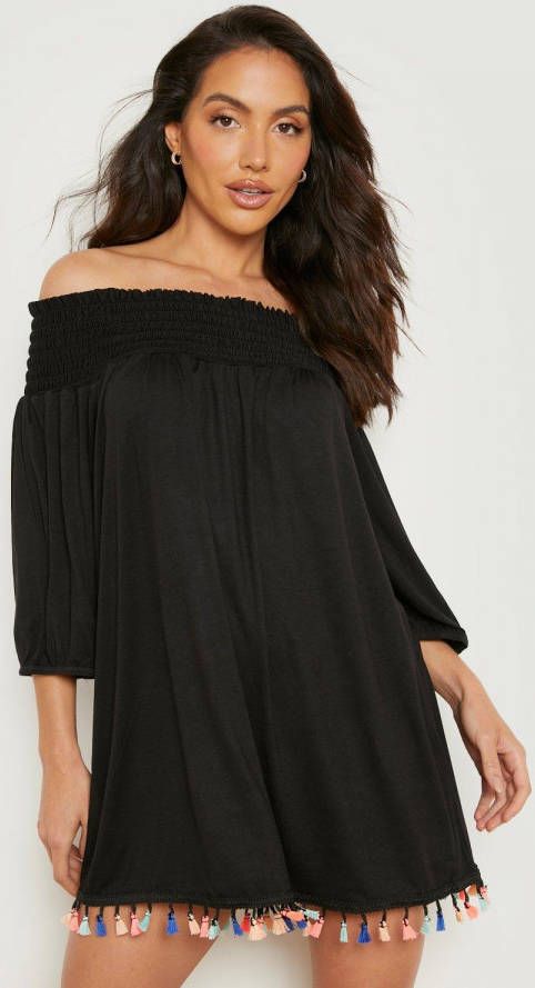 boohoo Geplooide Off Shoulder Strand Jurk Met Kwastjes, Black