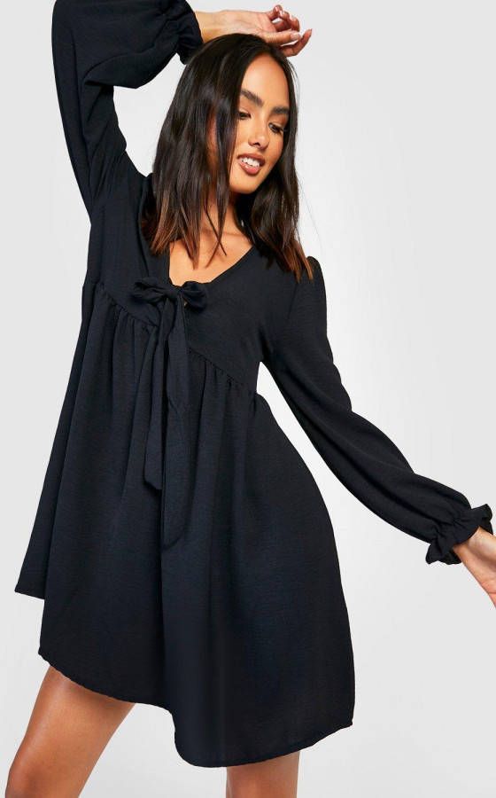 boohoo Geweven Gesmokte Jurk Met Strik, Black