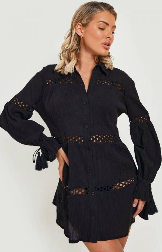 boohoo Kanten Kaasdoek Strand Jurk Met Kwastjes, Black