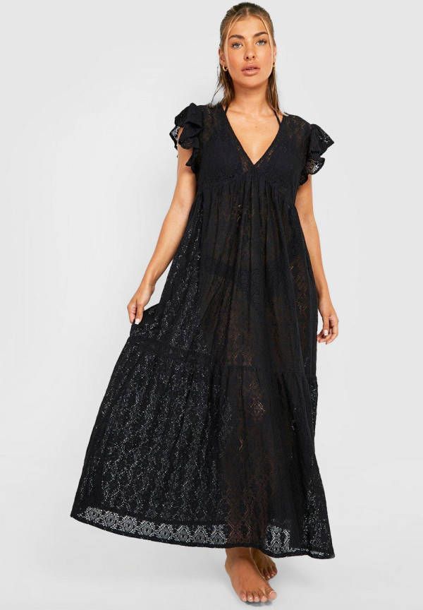 boohoo Lange Kanten Cover Up Strand Jurk Met Ruches, Black
