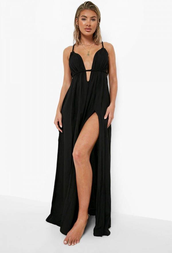 boohoo Linnen Strand Jurk Met Bandjes En Uitsnijding, Black