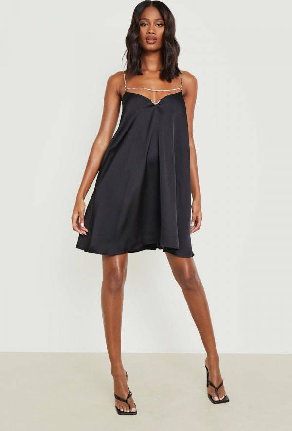 boohoo Matte Satijnen Strand Jurk Met Steentjes, Black