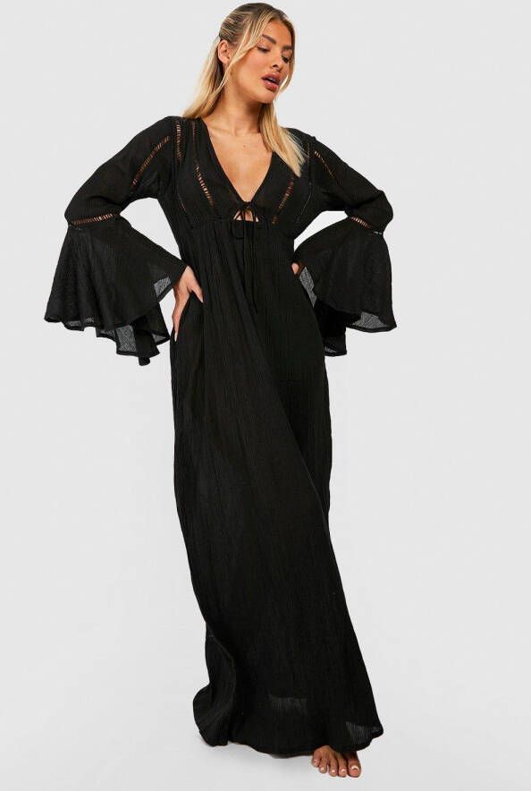 boohoo Strand Maxi Jurk Met Strik En Geplooide Mouwen, Black