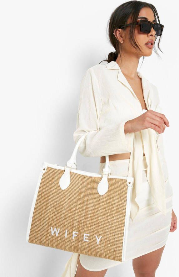 boohoo Strooien Wifey Strandtas, White