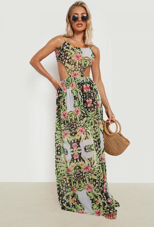 boohoo Tropische Dierenprint Cut Out Maxi Strand Jurk, Black