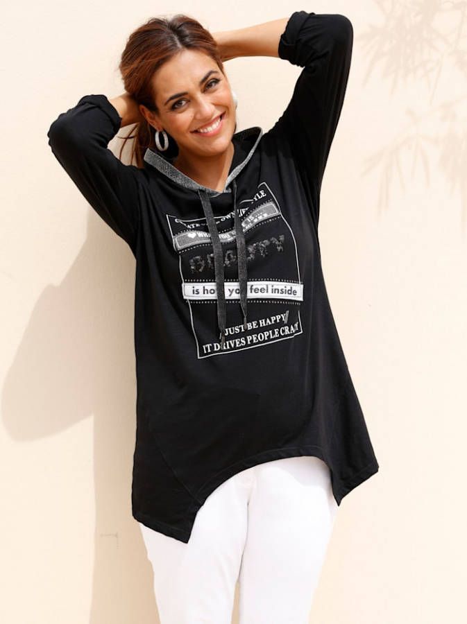 MIAMODA Longshirt met siersteentjes en glittereffect Zwart