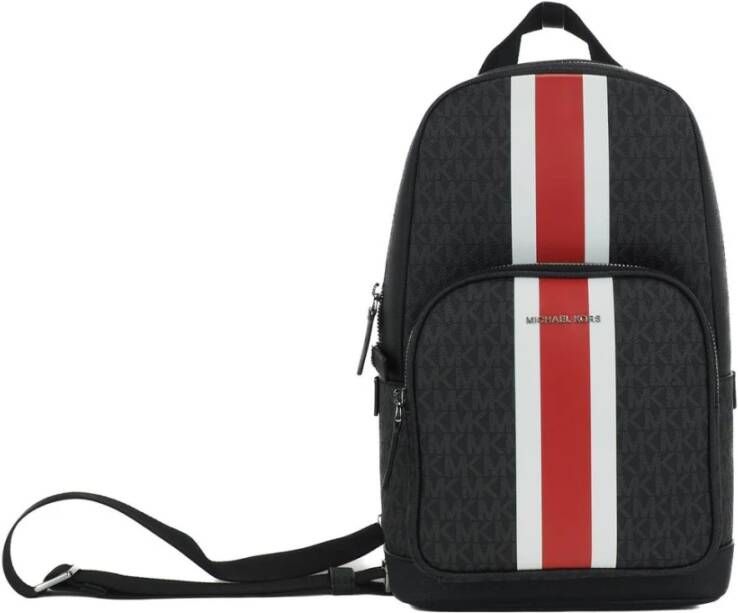 Michael Kors Cooper Medium Signature PVC Varsity Stripe Commuter Slingpack Crossbody Bag(Black Signature/Flame Red), Zwart, Dames