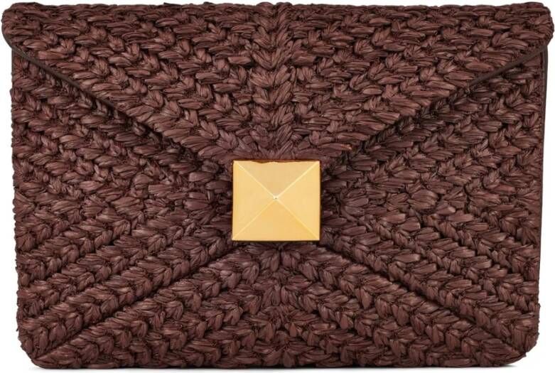 Valentino Leather Roman Stud Raffia Clutch Bag , Bruin, Heren