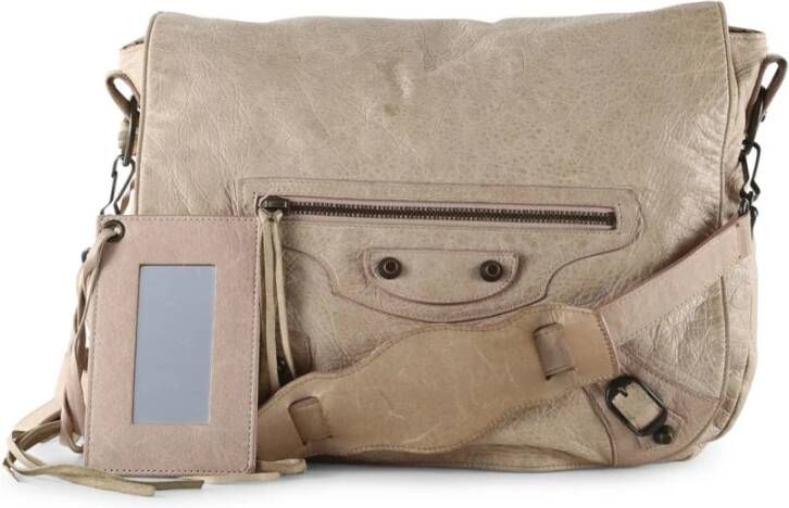 Balenciaga Beige Sahara Leather Classic Arena Folk Messenger Bag , Beige, Dames