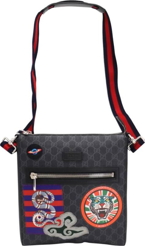 Gucci Vintage Gucci Black Night Courier GG Supreme Messenger Bag in Charcoal Coated Canvas , Zwart, Dames