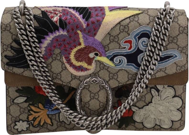 Gucci GG Dionysus Bag with Embroidered Bird in Multicolor Canvas , Grijs, Dames