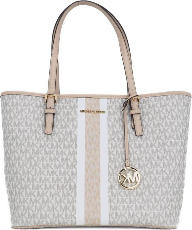 Michael Kors Jet Set Travel Signature Striped Carryall Tote Handbag , Wit, Dames