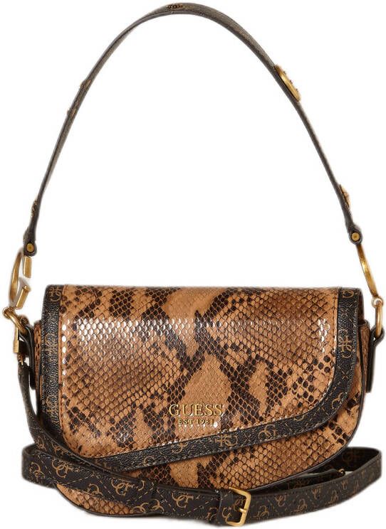 GUESS schoudertas Dream Flap met slangenprint bruin